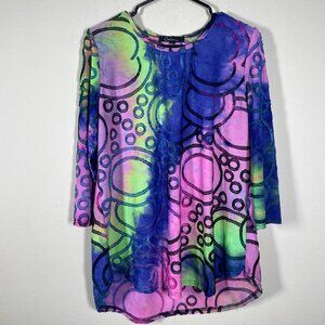 Caleaas Women's 3/4 Sleeve Circle Raised Print Tunic Top Colorful Large!